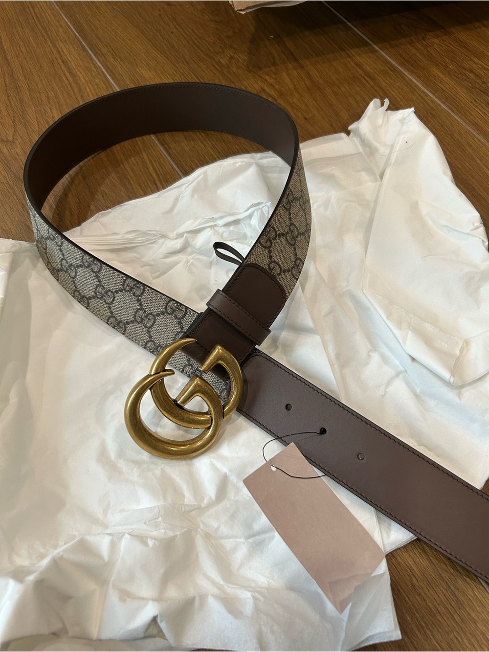New Gucci Brown Belt Supreme Leather With Polished Golden Double G Buckle 80/32